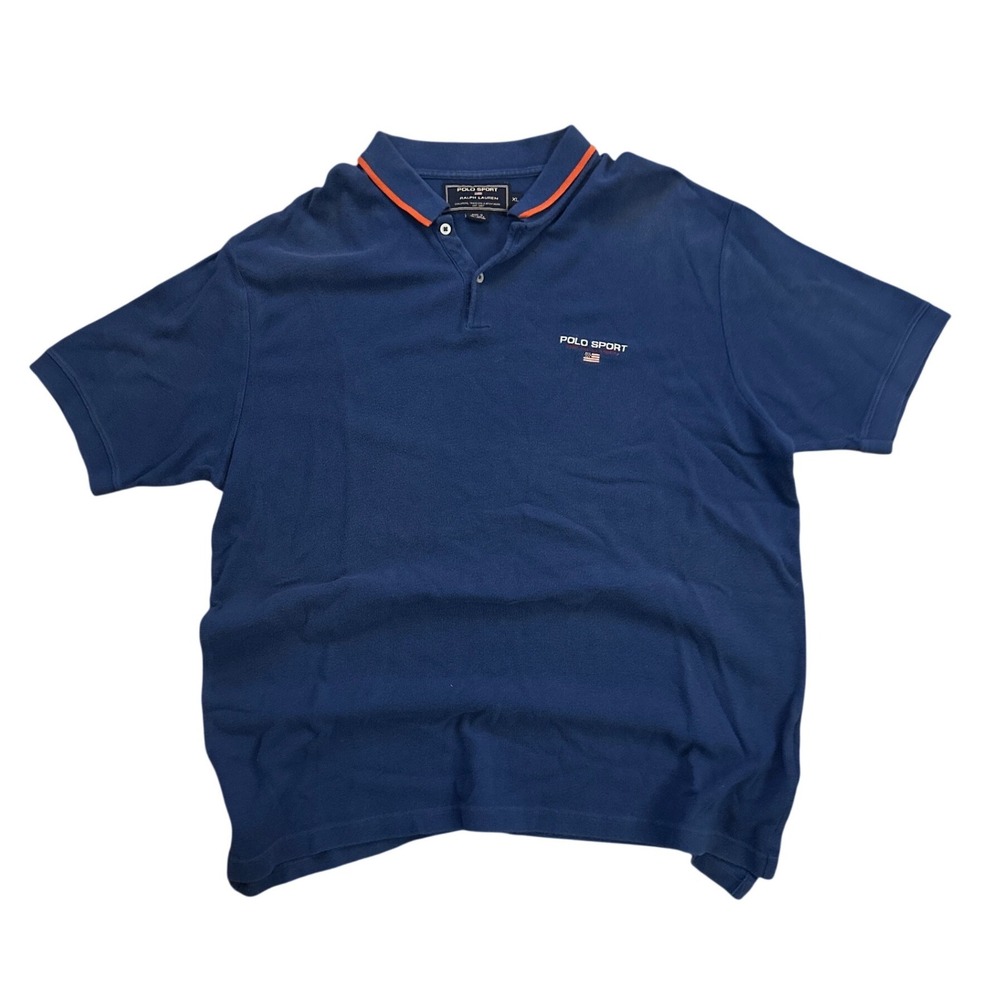 Polo Sport Ralph Lauren Mens XL Navy Blue Orange Stripe Pique Polo Shirt Vintage
